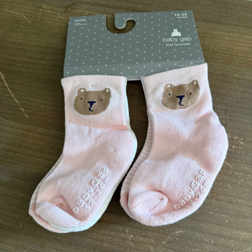 NWT Baby Gap bear stripe pink white Socks 3-pack 12-24months